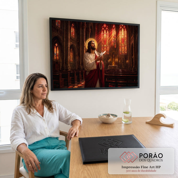 Jesus com auréola segurando pomba branca em catedral gótica com vitrais vermelhos, quadro decorativo