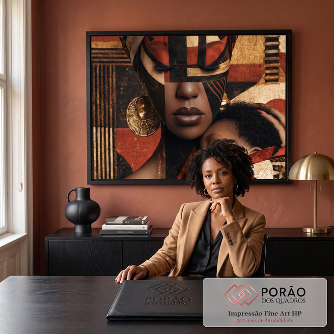 Quadro Decorativo Mãe e Filho com Pintura Facial Africana | quadros decorativos | mulher com rosto pintado em preto e vermelho segurando bebê adormecido no ombro | em Quadros para Quarto | Porao dos Quadros