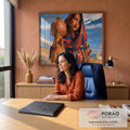 Quadro Decorativo Mulher com Cântaro de Barro e Xale | quadros decorativos | mulher com xale colorido carregando cântaro de barro, fundo com igreja e montanhas | em Quadros para Escritorio | Porao dos Quadros