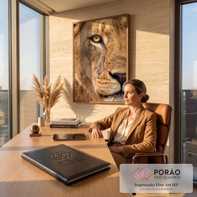 Quadro Decorativo Grande Olho de Leão para Sala Dourado | quadros decorativos | close extremo do rosto de um leão com olho âmbar e bigodes brancos | em ambiente 2 | Porao dos Quadros