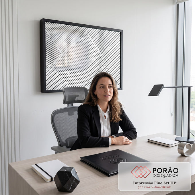 Linhas diagonais pretas em blocos geométricos sobre fundo branco com textura desgastada, quadro decorativo