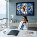 Quadro Decorativo Grande Jesus e Maria para Sala Azul | quadros decorativos | Jesus e Maria abraçados sobre fundo abstrato em azul, rosa e dourado | em ambiente 2 | Porao dos Quadros