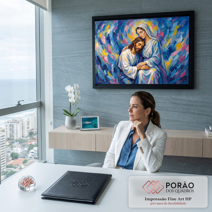Quadro Decorativo Grande Jesus e Maria para Sala Azul | quadros decorativos | Jesus e Maria abraçados sobre fundo abstrato em azul, rosa e dourado | em ambiente 2 | Porao dos Quadros