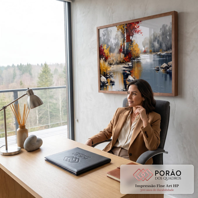 Pintura de rio calmo no outono com bétulas, folhas vermelhas e amarelas e pedras, quadro decorativo