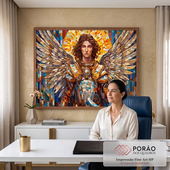 Quadro Decorativo Grande Anjo Guerreiro para Sala Dourado | quadros decorativos | anjo guerreiro de armadura dourada com asas grandes e halo em mosaico colorido | em ambiente 2 | Porao dos Quadros