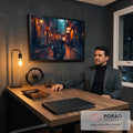 Quadro Decorativo Grande Motocicleta Preta para Sala Preto | quadros decorativos | motocicleta preta estacionada em beco europeu com luzes âmbar à noite | em ambiente 2 | Porao dos Quadros