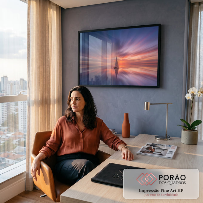 Quadro Decorativo Grande Veleiro Solitário para Sala Laranja | quadros decorativos | veleiro branco solitário refletido em água calma sob céu de pôr do sol | em ambiente 2 | Porao dos Quadros