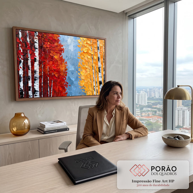 Quadro Decorativo Bétulas em Vermelho e Dourado Textura | quadros decorativos | bosque de bétulas com folhagem vermelha e dourada em textura de tinta espessa | em Quadros para Escritorio | Porao dos Quadros