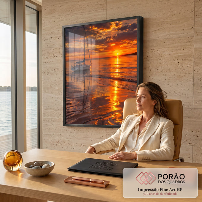 Quadro Decorativo Grande Veleiro na Maré para Sala Laranja | quadros decorativos | veleiro branco ancorado em águas rasas sob céu alaranjado de pôr do sol | em ambiente 2 | Porao dos Quadros