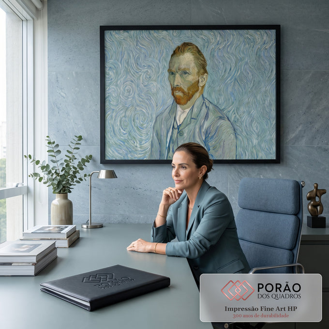 Autorretrato de Van Gogh de barba ruiva e paletó azul sobre fundo de espirais azuis, quadro decorativo