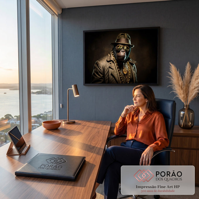 Gorila de chapéu fedora, óculos dourados e corrente de ouro com bitcoin em fundo escuro, quadro decorativo