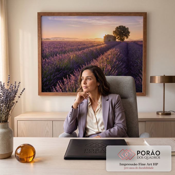 Quadro Decorativo Grande Paisagem Campo de Lavanda para Sala | quadros decorativos | campo de lavanda roxo com casa de pedra e árvore ao nascer do sol | em ambiente 2 | Porao dos Quadros