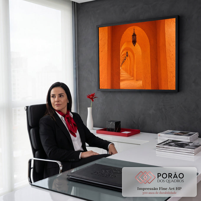 Quadro Decorativo Grande Corredor de Arcos Laranja para Sala | quadros decorativos | corredor de arcos de terracota com lanternas marroquinas penduradas em perspectiva | em ambiente 2 | Porao dos Quadros