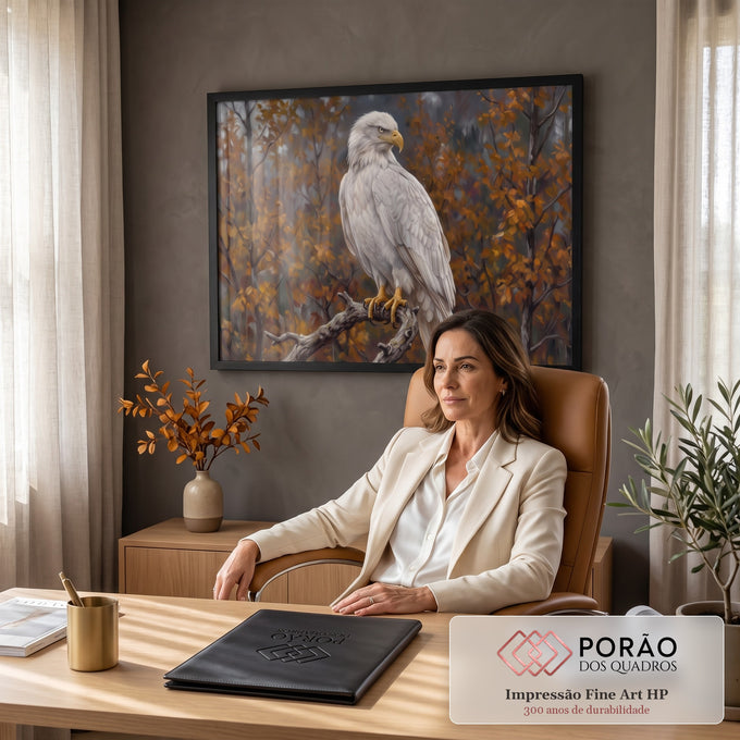 Quadro Decorativo Grande Águia Branca para Sala Branco | quadros decorativos | águia branca de bico amarelo pousada em galho seco com folhagem outonal ao fundo | em ambiente 2 | Porao dos Quadros