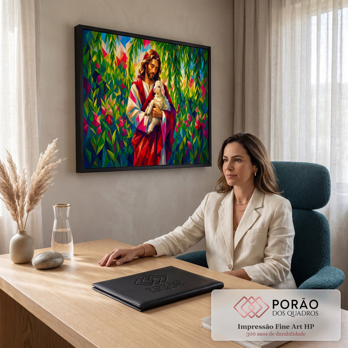 Quadro Decorativo Grande Jesus Cordeiro para Sala Vermelho | quadros decorativos | Jesus de manto vermelho segurando cordeiro branco em fundo geométrico florido | em ambiente 2 | Porao dos Quadros