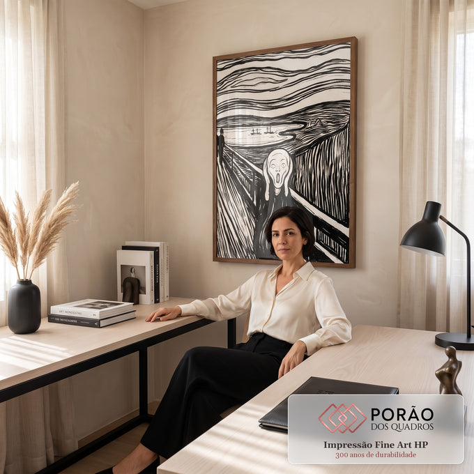 Quadro Decorativo Grande Grito de Edvard para Sala Preto | quadros decorativos | figura gritando de mãos no rosto sobre ponte, ilustração preto e branco de linhas onduladas | em ambiente 2 | Porao dos Quadros