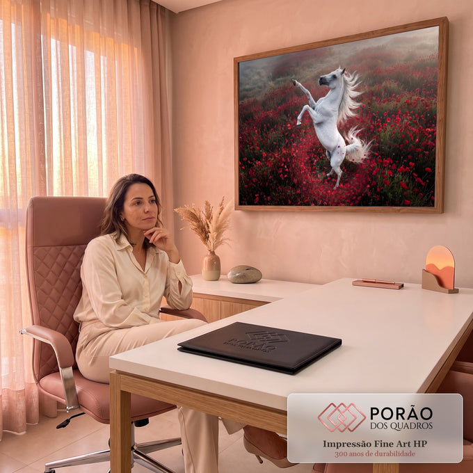 Quadro Decorativo Grande Cavalo Empinado para Sala Branco | quadros decorativos | cavalo branco empinado em campo de papoulas vermelhas com pétalas flutuando | em ambiente 2 | Porao dos Quadros