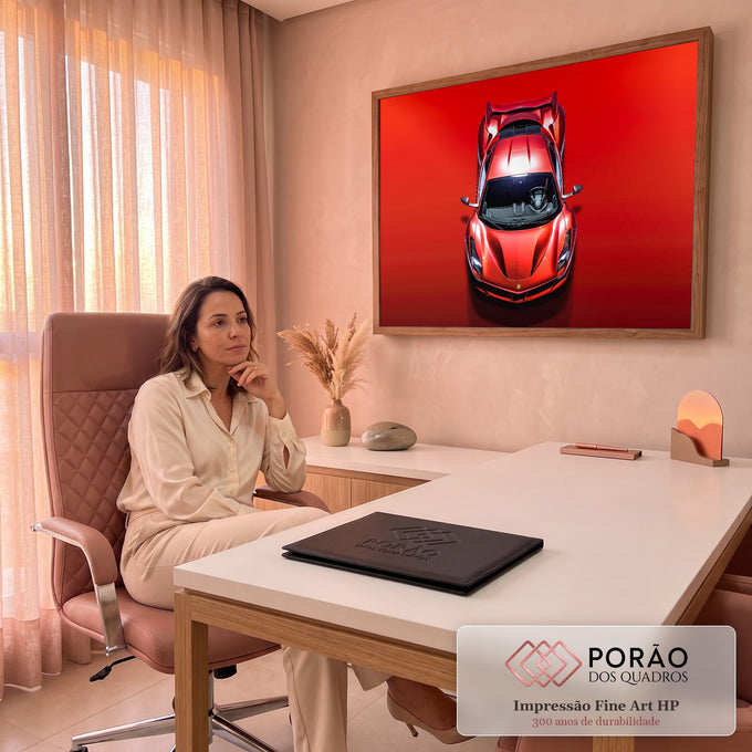 Quadro Decorativo Grande Carro Vermelho para Sala Vermelho | quadros decorativos | carro esportivo vermelho visto de cima com capô aberto e aerofólio grande | em ambiente 2 | Porao dos Quadros