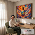 Jesus Cristo segurando o globo terrestre entre nuvens em mosaico laranja, azul e roxo, quadro decorativo