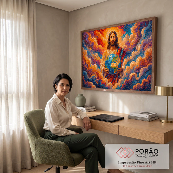 Jesus Cristo segurando o globo terrestre entre nuvens em mosaico laranja, azul e roxo, quadro decorativo