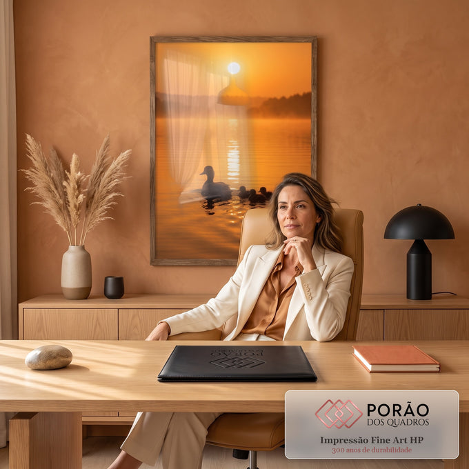 Silhueta de pata com três patinhos nadando em lago com neblina ao pôr do sol laranja, quadro decorativo