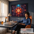 Quadro Decorativo Grande Mandala Fractal para Sala Laranja | quadros decorativos | mandala fractal simétrico em laranja e azul com ponto de luz central | em ambiente 2 | Porao dos Quadros