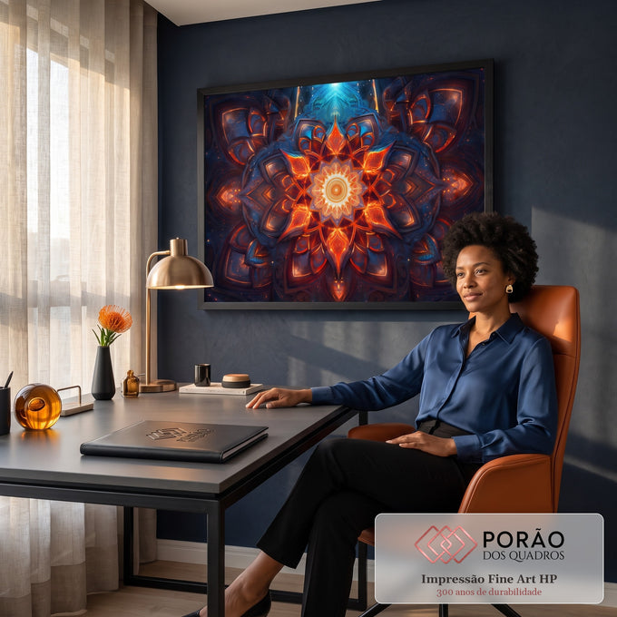 Quadro Decorativo Grande Mandala Fractal para Sala Laranja | quadros decorativos | mandala fractal simétrico em laranja e azul com ponto de luz central | em ambiente 2 | Porao dos Quadros