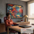 Quadro Decorativo Paisagem de Montanhas em Vermelho | quadros decorativos | paisagem de montanhas texturizadas em vermelho, dourado e azul com árvores estilizadas | em Quadros para Escritorio | Porao dos Quadros