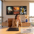 Quadro Decorativo Grande Cena Urbana para Sala Laranja | quadros decorativos | trio de fotos urbanas com trem noturno, folha com gotas e torre eiffel, e pessoa de capa amarela na chuva | em ambiente 2 | Porao dos Quadros