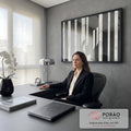 Quadro Decorativo Grande Listras e Prata para Sala Preto | quadros decorativos | listras verticais preto e prata com forma curva abstrata ao centro | em ambiente 2 | Porao dos Quadros