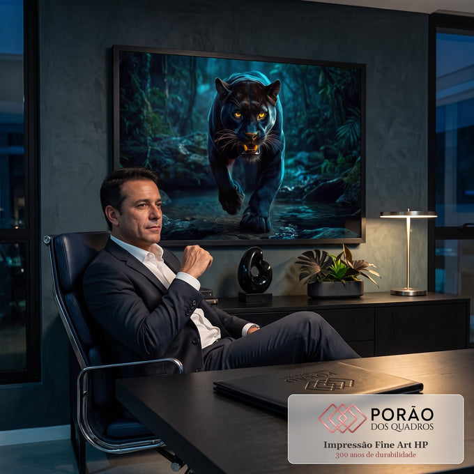 Quadro Decorativo Grande Pantera Negra Selva para Sala Preto | quadros decorativos | pantera negra de olhos amarelos caminhando por riacho na selva iluminada em azul | em ambiente 2 | Porao dos Quadros
