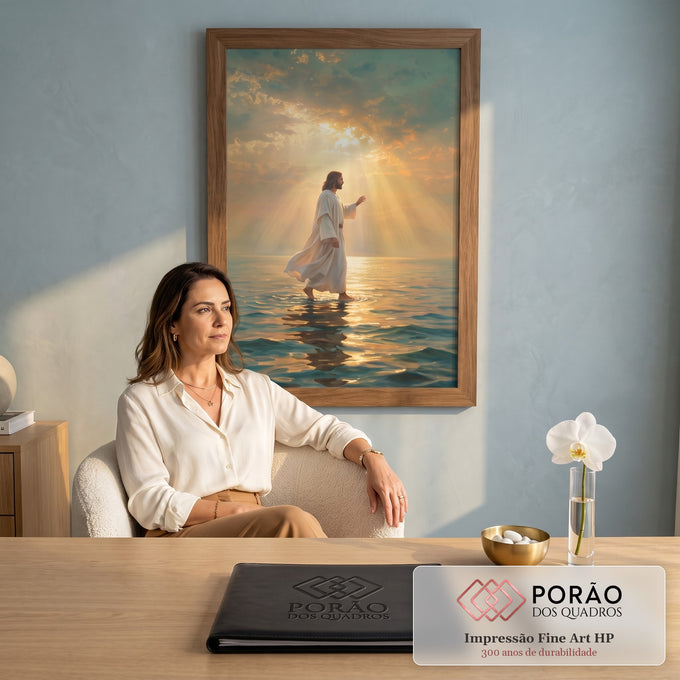 Quadro Decorativo Grande Jesus Caminhando Azul para Sala | quadros decorativos | homem de túnica branca caminhando sobre o mar sob raios de luz dourada no céu | em ambiente 2 | Porao dos Quadros