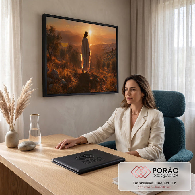 Jesus de manto branco numa colina com oliveiras e cidade ao fundo sob o pôr do sol, quadro decorativo