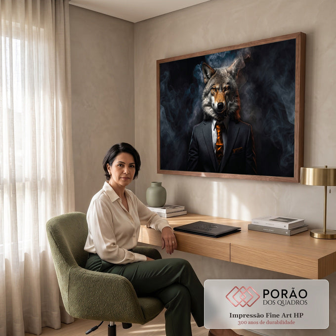 Quadro Decorativo Grande Lobo de Terno para Sala Preto | quadros decorativos | cabeça de lobo realista em corpo humano de terno preto com fumaça ao redor | em ambiente 2 | Porao dos Quadros
