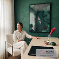 Quadro Decorativo Barco em Rio com Lótus e Peixes Vermelhos | quadros decorativos | vista aérea de barco de madeira entre folhas de lótus e peixes vermelhos nadando | em Quadros para Escritorio | Porao dos Quadros