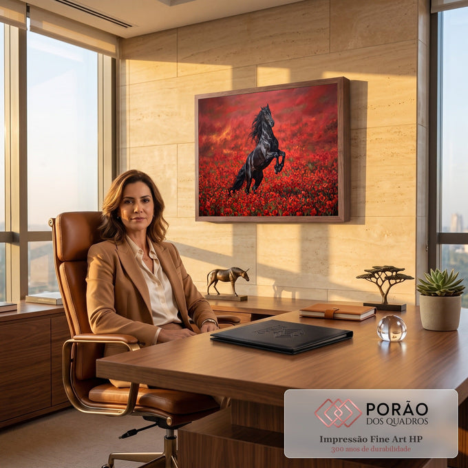 Pintura de cavalo preto empinado com a crina ao vento em um campo de papoulas vermelhas, quadro decorativo