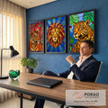 Quadro Decorativo Grande Trio com Leão para Sala Vermelho | quadros decorativos | trio de felinos tigre leão e onça em estilo vitral colorido | em ambiente 2 | Porao dos Quadros