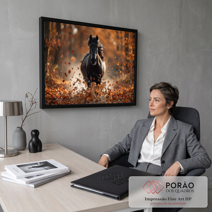 Cavalo negro correndo em floresta de outono com folhas laranja voando, quadro decorativo