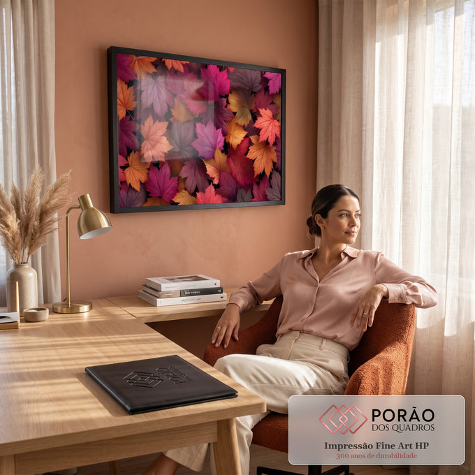 Quadro Decorativo Grande Folhas de Outono Laranja para Sala | quadros decorativos | folhas de bordo coloridas em rosa, laranja e roxo sobrepostas vistas de cima | em ambiente 2 | Porao dos Quadros