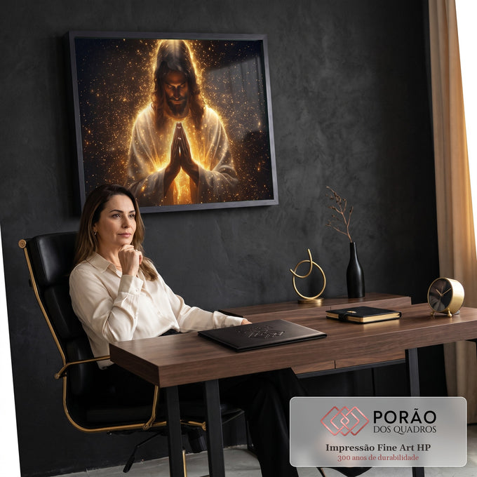 Quadro Decorativo Grande Jesus Mãos Unidas para Sala Dourado | quadros decorativos | Jesus com mãos em prece, cercado de luz dourada e estrelas no fundo escuro | em ambiente 2 | Porao dos Quadros