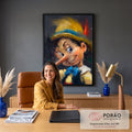 Pinóquio piscando com chapéu amarelo e gravata azul em pinceladas sobre fundo escuro, quadro decorativo