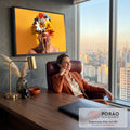 Mulher com flores coloridas cobrindo os olhos e mãos no rosto sobre fundo amarelo, quadro decorativo