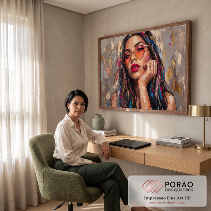 Retrato de mulher com óculos de coração, batom vermelho e mão no rosto em pintura a óleo, quadro decorativo