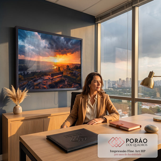 Quadro Decorativo Grande Pôr do Sol Rio para Sala Laranja | quadros decorativos | banco de madeira em mirante com pôr do sol laranja sobre rio e nuvens de tempestade | em ambiente 2 | Porao dos Quadros
