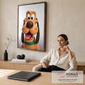 Cachorro cartoon 3D laranja com orelhas pretas, língua de fora e coleira verde, quadro decorativo
