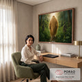Orixá Omolu coberto por manto de palha caminhando em cemitério na mata verde enevoada, quadro decorativo