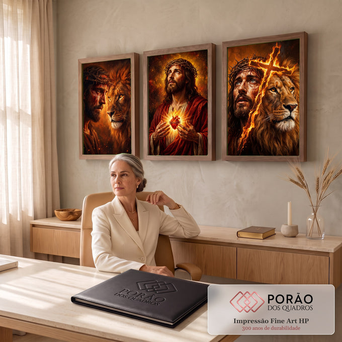Quadro Decorativo Kit 3 Telas Jesus Cristo para Sala | quadros decorativos | Jesus Cristo com coroa de espinhos, leão dourado e cruz em chamas em três painéis | em ambiente 2 | Porao dos Quadros
