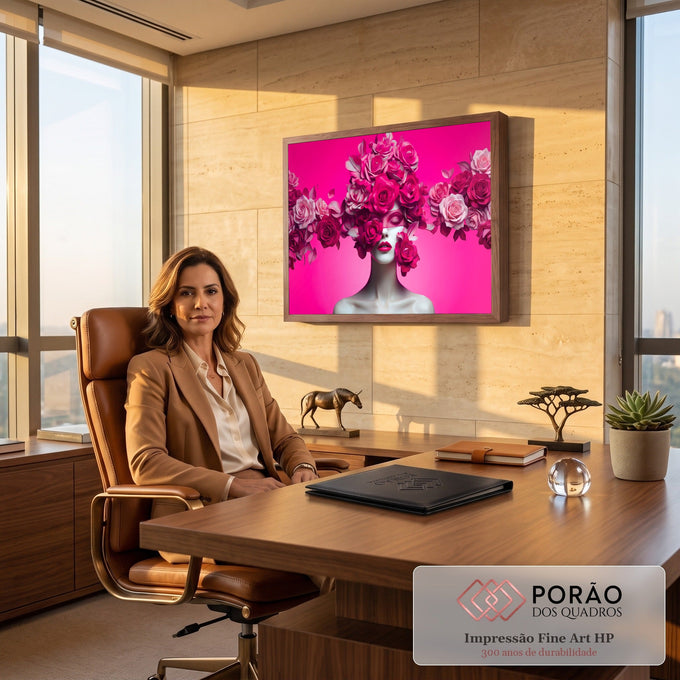 Busto de mulher com rosto coberto de rosas pink, lábios vermelhos e fundo magenta, quadro decorativo