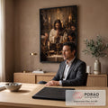 Quadro Decorativo Grande Última Ceia Velas Acesas para Sala | quadros decorativos | homem em oração com mãos postas diante de cálice dourado e velas | em ambiente 2 | Porao dos Quadros