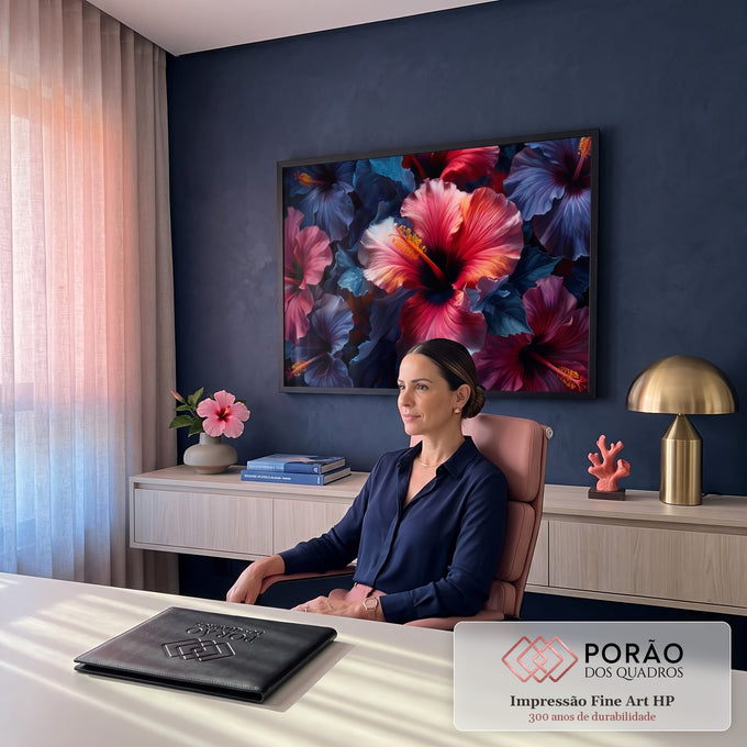Quadro Decorativo Grande Hibiscos em Tons de Azul para Sala | quadros decorativos | flores de hibisco em rosa azul e vinho com estames amarelos sobre fundo escuro | em ambiente 2 | Porao dos Quadros